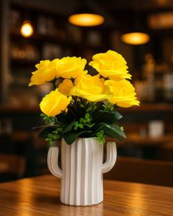 DODECROO Yellow Artificial Flower Roses Bunch With Cactus Pot For Room & Home Décor Bonsai Wild Artificial Plant  with Pot