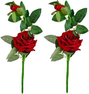 Decogreen Set of-2 Red Rose Sticks For H, Office Decor Study Table & Bday Gift Idea Flower Bonsai Artificial Plant