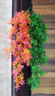 Nimkar's Set of 2 Artificial Double Shade & Green Hanging bunch/bail for Decoration Bonsai Artificial Plant  with Pot