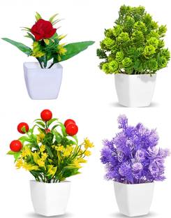 S-Biv Multicolor Artificial Flower And Plant For Home Decor or Office Décor Also Plant Suitable For Table , Flower & Plant Specially Decor For Bed Room Decoration ( Pack of 04 RED GREEN PURPLE MULTI) Bonsai Wild Artificial Plant  with Pot