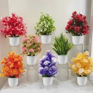 Ryme Set Of 8 Small Mini Artificial Plants With Pot/Vase Bonsai Wild Artificial Plant  with Pot