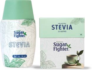 Nutrizo's Sugar Fighter Natural Sweetner Sugar Free Stevia Liquid - 30ml & Sachets - 25 Sweetener