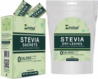 Zindagi Stevia White Powder Sachets (100 Sachets) & Stevia Dry Leaves (100gm) Sweetener