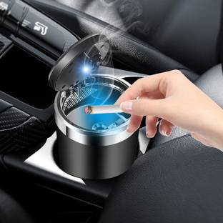 Qunex care Premium Car Ashtray, Ceramic Liner Car Ashtray For Smokers With LED Black Aluminium Ashtray