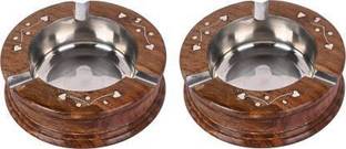 TORPPEZA Wooden Round Ashtray Brown, Silver Wood, Steel Ashtray (Pack of 2) Brown Wood Ashtray