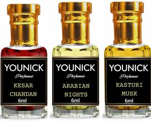 YOUNICK Kasturi Musk, Kesar Chandan, Nights Attar Combo (6mlx3, Total 18ml) Floral Attar