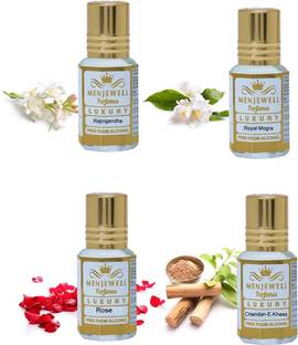 Menjewell Pack of 4Pc Attar (Rose Fresh 5ml, Chandan-E-Khaas 5ml,Royal Mogra 5ml,Rajnigandha (Night out) 5ml Natural Itra/Attar/ Perfume Floral Attar