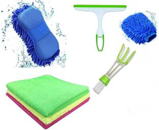 WINKCART Multi-purpose cleaning Sponge,3 cloth,wiper,gloves & car ac vent cleaning brush Combo