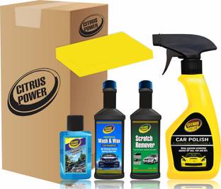 CITRUS POWER Car Polish 250ml, Wash & Wax 60ml, Scratch Remover 60ml, Wind Shield 30ml, Sponge Combo