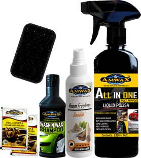amwax ALL IN ONE POLISH, AIR FRESHNER, WASH N WAX SHAMPOO, DASHBOARD POLISH, APPLICATOR Combo