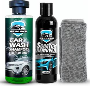 GROOMMM Car Shampoo 250 ml & Car Scratch Remover 250 ml, With Microfiber Cloth Combo