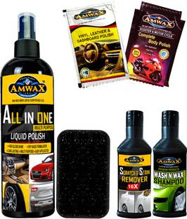 amwax ALL INONE POLISH 200 ML, Scratch Remover 50 ml, Wash and Wax 50 ml, Dashboard Polish Pouch 10 ml 2 Pcs., Body Polish Pouch 10 ml 2 Pcs., Sponge (applicator) Combo