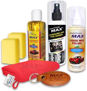 MAX Classic Car Wash & Wax Kit includes Dashboard & Tyre Shiner 200 ml, Liquid Wax Polish 200 ml, Car Shampoo 200 ml, Foam applicator - 2 Pcs, Microfiber Cloth - 1 Pc Combo