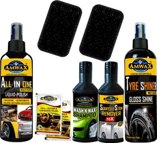 amwax Tyre Shiner 120 ML, Wash and Wax 50 Ml, Scratch Remover 50 Ml, Dashboard Polish Pouch 10 Ml x 2 Pc., 2 pc Sponge, All In One Polish 120 ML Combo