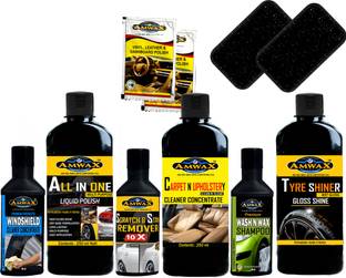 amwax Tyre Shiner 250 ML, All In One Polish 250 ML, Carpet & Upholstery Cleaner 250 ML, Wash & Wax 50 ML, Scratch & Stain Remover 50 ML, WindShield Cleaner 50 ML, Dashboard Polish 10 ML x 2 Pouch, Applicator Combo