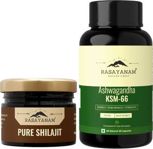 Rasayanam Ashwagandha KSM-66 (500 mg) and Pure Original Himalayan Shilajit Resin 20g Combo