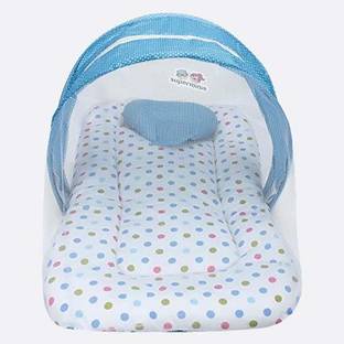 Superminis Multicolor Dot On White Base Design Bedding Set Thick Base, Foldable Mattress, Heart Shape Pillow And Zip Closure Mosquito Net (0-3 Months, Sky Blue) Standard Crib