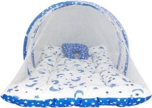BULI-WEAR Baby Bed for New Born Baby | Mattress | Mosquito Net | Cotton | Neck Pillow Printed Bedding set