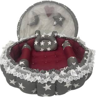 Fabrify Baby Bedding Set Cum Mattress With Mosquito Net and 3 Multi Shape Pillows Unique 0-12 Month