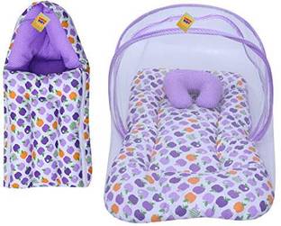 Fareto Born Baby Apple Print Mattress with Net & Sleeping Bag(Purpal)(0-6 Months) standard crib