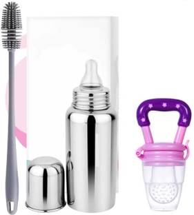 Royal krafts Stainless Steel Baby Feeding Bottle, 1 food Nibbler(Pink) & 1 Cleaning Brush  - stainless steel