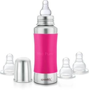 SPEEDEX Stainless Steel Baby Feeding Bottle with Internal ML Marking, Silicon Stopper & Silicon Grip (240 ml) (3 Extra Nipple Free) - 240 ml