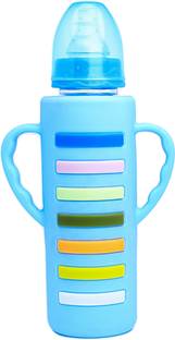 The Little Lookers Glass Feeding Bottle with Handle Silicon Cover for Baby - Blue (240ml) - 240 ml