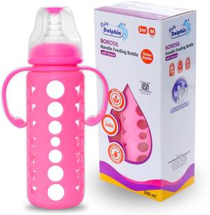 Baby Dolphin Anti-Colic Borosil Glass Feeding Bottle with Handle & Sleeve, Bpa Free - 250 ml