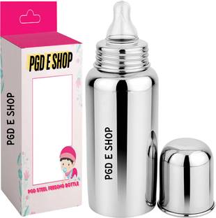 PGD Feeding Bottle for Baby Milk / Water Feeding, Plain Silver, Small Neck Design, Joint Less, 304 Food Grade Stainless Steel, BPA Free, No Plastics - 200 ml