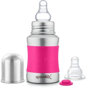 SPEEDEX Stainless Steel Baby Feeding Bottle with Internal ML Marking, Silicon Stopper & Silicon Grip (240 ml) (3 Extra Nipple Free) - 150