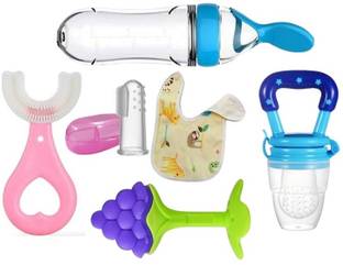 Saraswati kart Baby Fruit Feeder, Teether, Finger Brush, Bibs & Spoon Feeder Pack of 6