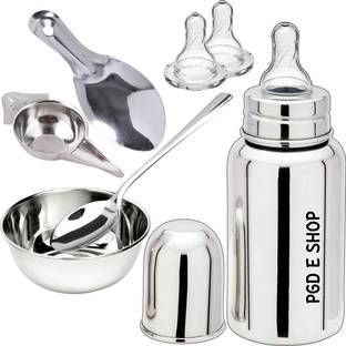 PGD Baby Gift Set Steel Feeding Bottle, Feeder, Spoons set, Bowl, Extra 2 nipples - 150 ml