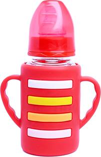 The Little Lookers Glass Feeding Bottle Handle Silicone Cover for Baby-Red(120ml) - 120 ml