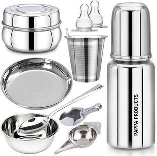 Pappa Baby gift set Steel feeding bottle, Feeder Spoons, Bowl, Plate, Glass - 220 ml