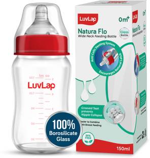LuvLap Natural Flow Wide Neck Glass Feeding Bottle, Suitable for Newborns Pack of 1 - 150 ml