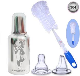Goodmunchkins Stainless Steel Feeding Bottle/2 Anti Colic Silicone Niple/2 in 1 Nylon Brush - 220