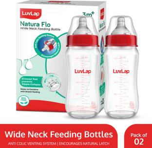LuvLap Natural Flow Wide Neck Glass Feeding Bottle, Suitable for Newborns Pack of 2 - 250 ml