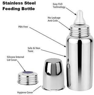 Onisha STEEL BOTTLE WITH ANTI-COLIC TEAT |BABY FEEDING BOTTLE WITH EAZY-FLO NIPPLE  - Silicone