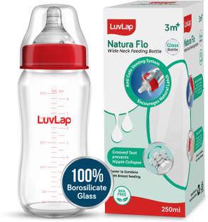 LuvLap Natural Flow Wide Neck Glass Feeding Bottle, Suitable for Newborns Pack of 1 - 250 ml