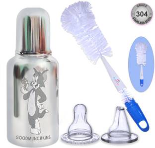 Goodmunchkins Stainless Steel Feeding Bottle/2 Anti Colic Silicone Niple/2 in 1 Nylon Brush - 300