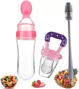 DECRONICS 90ML Baby Feeding Bottle Squeeze Spoon Food Feeder & Cleaning Brush (Set of 3) - 90 ml