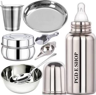 PGD Baby Gift Set Feeding Bottle, Feeder, Bowls, Spoons, Straw Glass, Glass lid - 300 ml