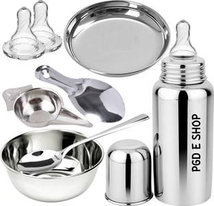 PGD New Born Baby Full Gift Set Steel Feeding Bottle, Feeder, Spoons, Bowl, Plate - 200 ml
