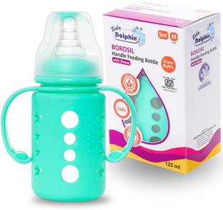 Baby Dolphin Anti-Colic Borosil Glass Feeding Bottle with Handle & Sleeve, Bpa Free - 125 ml