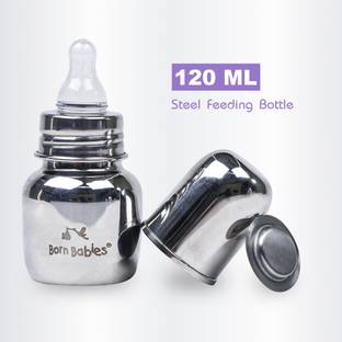 Born Babies Stainless Steel Feeding Bottle With Anti-Colic Silicone Nipple & Travel Cap - 120 ml