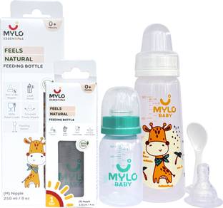 MYLO Baby Feeding Bottles for New Born Babies with Spoon | Anti Colic - (125+250ml) - 375 ml