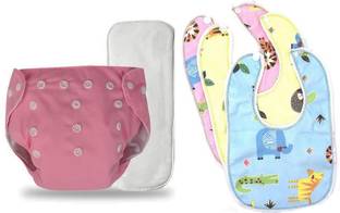 TINNY TOTS Baby Reusable Adjustable Cloth Diaper With Insert + 3 Baby Bibs Combo