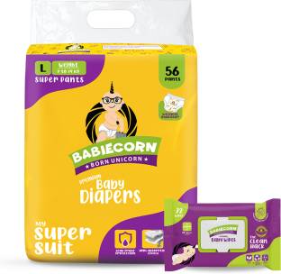 BABIECORN Diaper Wiper Combo Baby Diapers (Size L) with Wetness Indicator+Free Baby Wipes