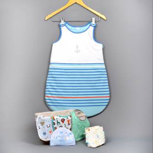 Mom's Home Organic Cotton Baby Blue Sleeping Sack Gift Set & Bibs & Napkins 0-9M 10 Items