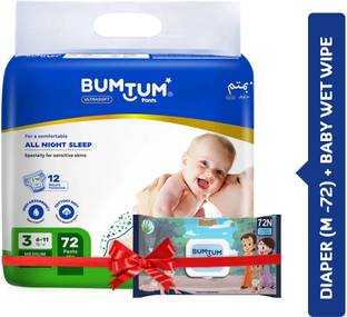 BUMTUM Medium Baby Diaper Pants (12 to 17 Kg) 72Pcs + Chota Bheem Wipes-72 Super Combo